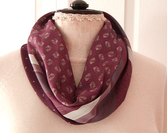 Upcycled NECKTIE INFINITY SCARF Silk Polyester Cowl Mauve w/Ivory & Aqua Accents Vintage Ties Women's Accessory
