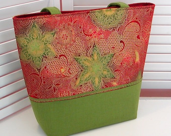 KALEIDOSCOPE FABRIC TOTE Bag Purse Red & Olive Green Ladies' Handbag Cotton Print Medium-Large Women's Accessories Double Handles