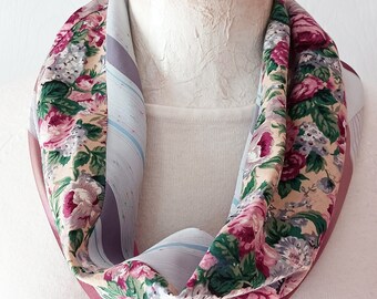 Upcycled NECKTIE INFINITY SCARF Poly/Cotton Cowl Mauve w/Pink/Blue/Gray Accents Vintage Ties Women's Accessory