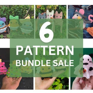 May include: A collage of six crochet amigurumi patterns for sale. The patterns feature a variety of cute animals, including a ghost, a cat, a bee, a chick, a tree, and a Christmas tree. The text "6 Pattern Bundle Sale" is displayed in a green box.