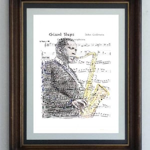 John Coltrane poster, a portrait of the jazz legend and saxophone player in his own tune, with sheet music from the fantastic Giant Steps