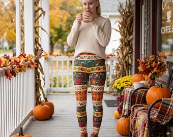 Autumn Vibes Boho Floral Stripes Leggings Fall Folk Art Casual Leggings