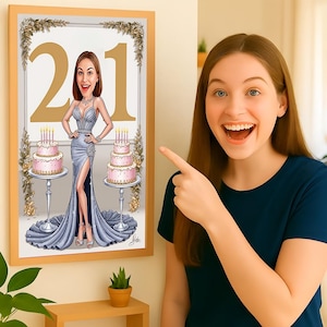 May include: A framed caricature print featuring a woman in a silver gown with two tiered cakes and the number 201. The print is in a wooden frame. A woman is pointing at the print.