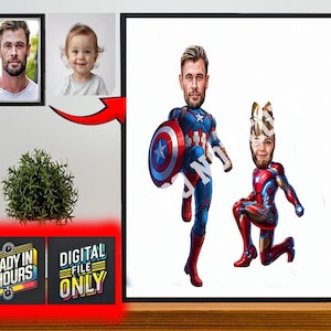 Benutzerdefinierte Super Dad und Sohn Cartoon Portrait, Super Dad Portrait, Papas Geschenk, Super Dad Karikatur, Superhelden-Karikatur, Karikatur vom Foto
