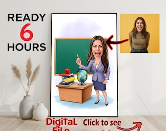 Personalized Female Teacher Cartoon Portrait, Custom Teacher Caricature Drawing from Photo, Funny Teacher Caricature, Gift for Teacher