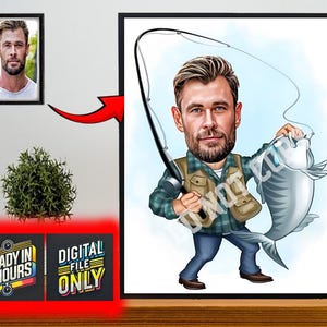 Ritratto di un pescatore in cartone animato personalizzato, disegno di una caricatura di un pescatore personalizzato da una foto, caricatura di un pescatore divertente, regalo per un pescatore