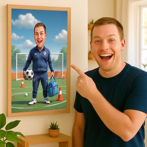 Op de afbeelding: Een ingelijst portret van een voetbalcoach in een blauw trainingspak, met een voetbal en een blauwe tas. De achtergrond toont een voetbalveld met een doel en oranje kegels. Het portret zit in een houten lijst.