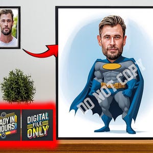 Personalisiertes Superheld-Karikaturporträt, kundenspezifische Superheld-Karikaturzeichnung vom Foto, lustige Superheld-Karikatur, Geschenk für ihn