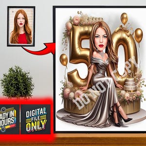 Gepersonaliseerde 50e cartoonportret, karikatuur 50e verjaardag, karikatuur verjaardag, aangepaste verjaardagscadeau, grappig cadeau, digitale verjaardagskaart