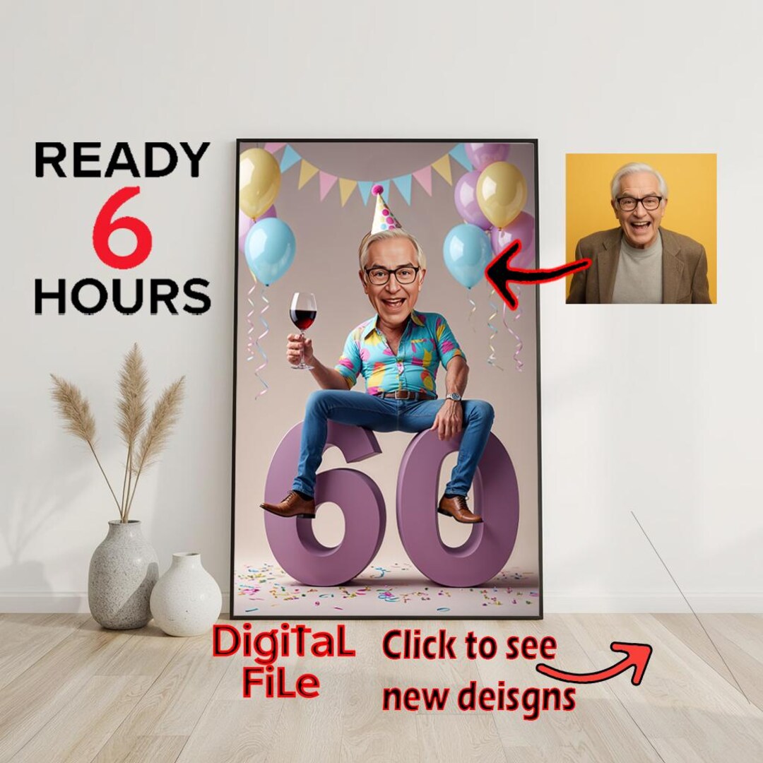 Custom 60th Man Cartoon Portrait | 60th Birthday Caricature | Birthday ...