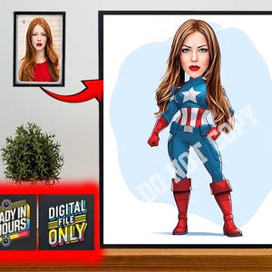 Personalisiertes Superhelden-Frauenkarikaturporträt, benutzerdefiniertes Frauenporträt, Frauengeschenk, Superfrau-Karikatur, Superheld-Karikaturzeichnung