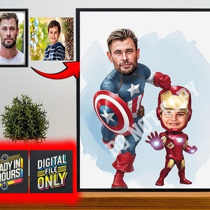 Ritratto personalizzato di un super papà e di un figlio, ritratto di un super papà, regalo per il papà, caricatura di un super papà, caricatura di un supereroe, caricatura da foto