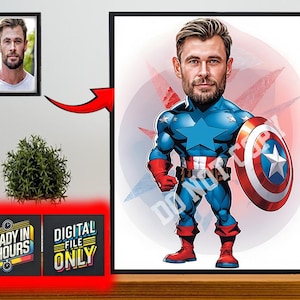 Personalisiertes Superheld-Karikaturporträt, kundenspezifische Superheld-Karikaturzeichnung vom Foto, lustige Superheld-Karikatur, Geschenk für ihn