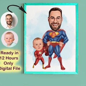 Benutzerdefinierte Super Dad und Sohn Cartoon Portrait, Super Dad Portrait, Papas Geschenk, Super Dad Karikatur, Superhelden-Karikatur, Karikatur vom Foto