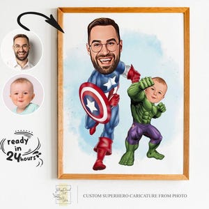 Ritratto personalizzato di un super papà e di un figlio, ritratto di un super papà, regalo per il papà, caricatura di un super papà, caricatura di un supereroe, caricatura da foto