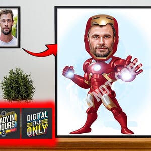 Personalisiertes Superheld-Karikaturporträt, kundenspezifische Superheld-Karikaturzeichnung vom Foto, lustige Superheld-Karikatur, Geschenk für ihn