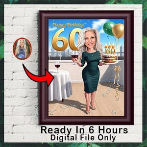60th Birthday Caricature: 60 Women in Light Brown Dresses with Gifts, Black Gift Digit, Ideal for Celebrations! Unique & Memorable Gift