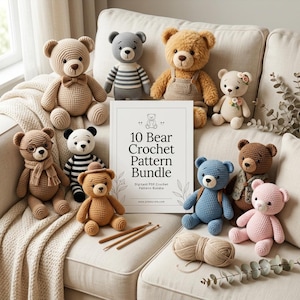 May include: A collection of ten crocheted teddy bears in various colours and styles, including a white book titled 10 Bear Crochet Pattern Bundle, and two wooden crochet hooks with a ball of beige yarn, all arranged on a textured fabric surface.