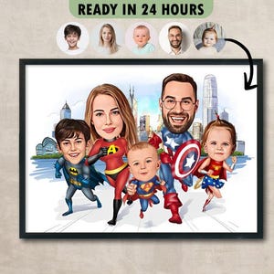 Benutzerdefiniertes Superhelden-Familien-Karikaturporträt, Familienporträt, Familiengeschenk, Superfamilien-Karikatur, Superheld-Karikatur, Karikatur vom Foto