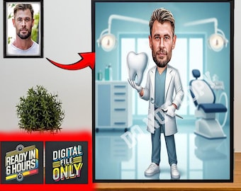 Custom Dentist Cartoon Portrait, Personalized Caricature from Photo, Funny Dental Office Gift for Him or Her, Digital Download Art