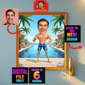 Peut inclure: Une impression numérique encadrée représentant une caricature d'une personne musclée en maillot de bain bleu et vert au bord d'une piscine avec des palmiers. L'image contient les textes : CARICATURE ART DESIGN, CLICK TO SEE NEW DESIGN, DIGITAL FILE ONLY, READY IN 6 HOURS.