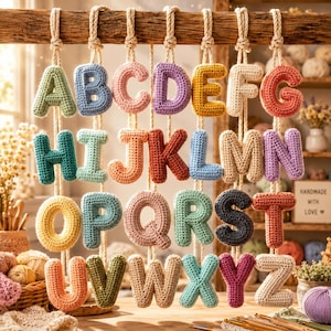 May include: A collection of twenty-six individual crochet letters of the alphabet, each crafted in a different solid color. The letters are suspended by individual white cords from a horizontal wooden branch, arranged in alphabetical order.