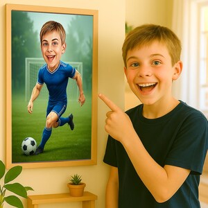 Portrait personnalisé de footballeur caricaturé : cadeau de dessin animé personnalisé (téléchargement numérique A3)