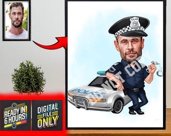 Personligt polistecknat porträtt, anpassad poliskarikatyrteckning från foto, rolig poliskarikatyr, present till polis