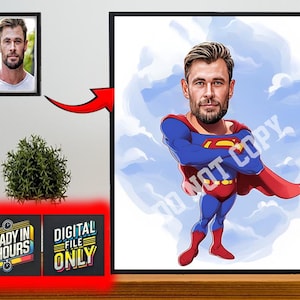 Personalisiertes Superheld-Karikaturporträt, kundenspezifische Superheld-Karikaturzeichnung vom Foto, lustige Superheld-Karikatur, Geschenk für Superheld