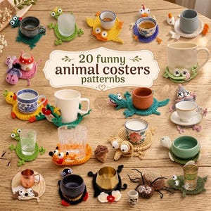 Paquete de más de 20 patrones divertidos de posavasos de ganchillo con animales en formato PDF, colección de posavasos y tapetes para tazas, descarga instantánea.
