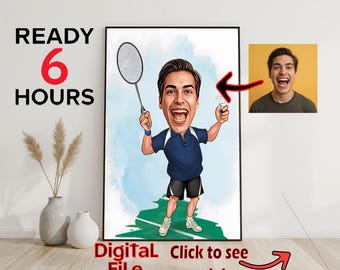 Personalized Badminton Player Cartoon Portrait, Custom Sport Caricature Gift for Him, Funny Digital Drawing, Badminton Wall Art Cartoon