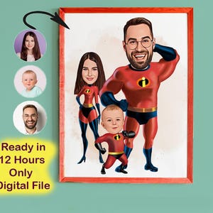 Benutzerdefinierte Super Familien Cartoon Porträt, Familien Porträt, Familien Geschenk, Super Familie Karikatur, Superheld Karikatur, Karikatur vom Foto