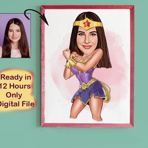 Benutzerdefinierte Super Woman Cartoon Portrait, Frauenporträt, Frauengeschenk, Super Woman Karikatur, Superhelden-Karikaturzeichnung, Karikatur vom Foto