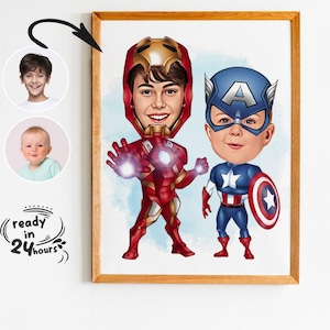 Ritratto personalizzato dei supereroi, ritratto per bambini, regalo per bambini, cartone animato per bambini supereroi, caricatura di supereroi, caricatura da foto