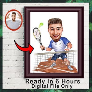 Dessin personnalisé de caricature de joueur de tennis, dessin animé à partir d'une photo, dessin de portrait personnalisé, art numérique, dessin de figurines, cadeau amusant