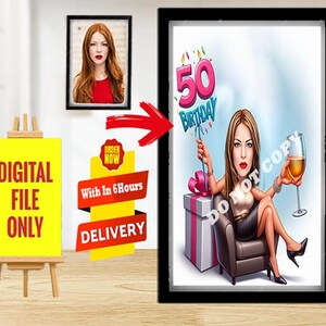 Gepersonaliseerde 50e cartoonportret, karikatuur 50e verjaardag, karikatuur verjaardag, aangepaste verjaardagscadeau, grappig cadeau, digitale verjaardagskaart