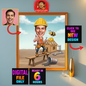 Può includere: Un'illustrazione digitale caricaturale di un operaio edile con casco giallo e gilet di sicurezza arancione, in piedi su una panca di legno. La scena include una struttura di casa in legno, un'ape, una chiave inglese e un secchio di vernice grigia.