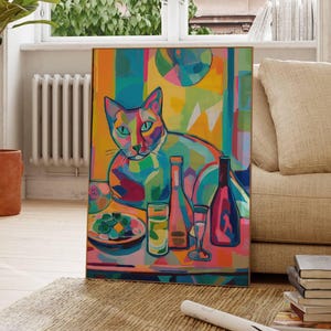 Plakat z kotem, Dekoracja wózka barowego, PLAKAT CYFROWY, Wydruk wina, Wystrój kuchni retro, Wystrój w stylu Mid Century Modern, Modna sztuka ścienna, Wydruk Cheers