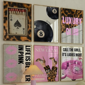 Leopard wall art set, Pink Fashion Wall Art 6 Prints Set, leopard 8 ball poster, bedroom wall decor, trendy leopard definition print cheetah
