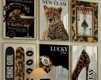 Leopard wall art 6 Prints set, Matchbox poster, leopard 8 ball poster, bedroom wall decor, trendy leopard fashion definition print cheetah