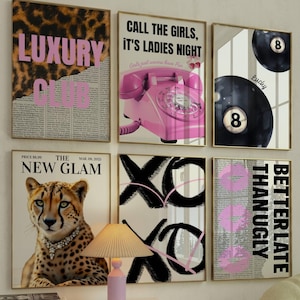 Gallery Girly Prints Set of 6 Pink Vintage Prints XOXO black and pink print Leopard Cheetah Trendy Wall Art Gallery Preppy Chic Luxury print