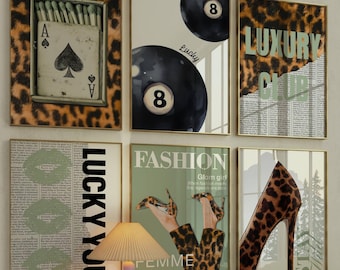 Sage Green Leopard Wall Art Set | 6 Trendy Prints & Cheetah 8 Ball Poster for Bedroom Decor
