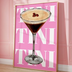Póster de cóctel rosa, impresión de martini espresso, arte de carrito de bar, póster Y2K, decoración de dopamina, arte de pared de cocina, impresión de pared femenina de moda, regalo de tini