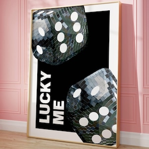 Retro Dices Disco Mirror Ball Print, Mirror Ball Bar Cart Poster, Preppy Lucky me Wall Art, Funky play Home Decor, Prezent dla niej