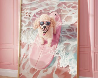 Pudel Schwimmen im Ozean Druck Sommer Poster Strand Haus Dekor Minimalistische druckbare Wand Lustiger Hund Poster Küche Wanddekor