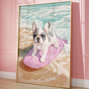 Póster de bulldog francés nadando en el océano, impresión de verano, decoración de casa de playa, arte de pared imprimible minimalista, póster divertido de perro, decoración de pared de cocina