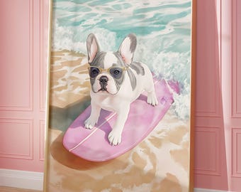 Französischer Bulldogge Schwimmen im Ozean Druck Sommer Poster Strand Haus Dekor Minimalistische druckbare Wand Lustiger Hund Poster Küche Wanddekor