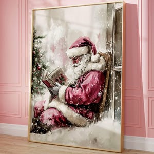 Santa Claus reading Girly Christmas Printable Wall Art Pink Holiday Poster Digital Download Preppy Christmas Room Decor Girly Winter Print