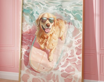 Golden Retriever Schwimmen im Ozean Druck Sommer Poster Strand Haus Dekor Minimalistische druckbare Wand Lustiger Hund Poster Küche Wanddekor