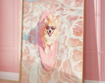 Corgis Schwimmen im Ozean Print Sommer Poster Strand Haus Dekor Minimalistische druckbare Wandkunst Lustiger Hund Poster Küche Wanddekor Corgis Poster